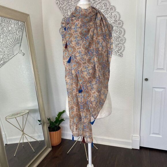 Early 2000's Brown Beige Colorful Tassel Oversized Boho Scarf / Shawl - Picture 4 of 4